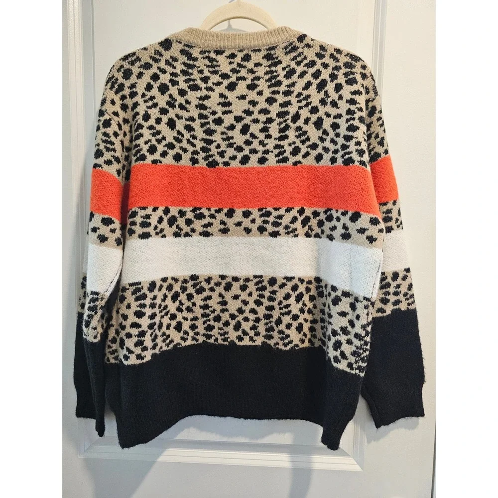Women's 1X2X Leopard Color Block Crew Neck‎ Pullover Sweater Fall Cozycore Comfy